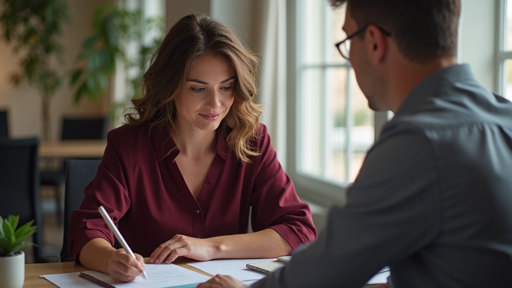 Профессиональное фото консультанта по финансам, работающего с клиентом за столом