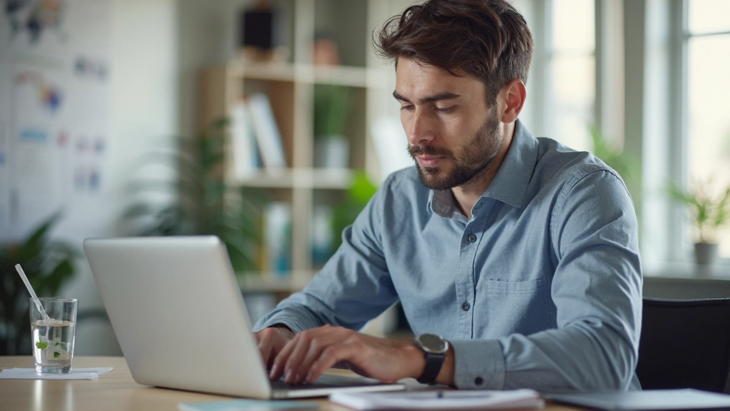 Молодой инвестор анализирует портфель на ноутбуке в современном офисном пространстве с графиками и документами